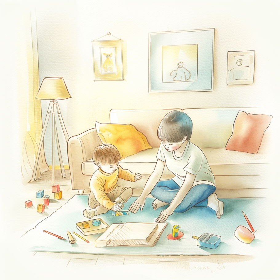 Elternteil begleitet ein Kind im Alltag beim Spielen und Lernen zu Hause